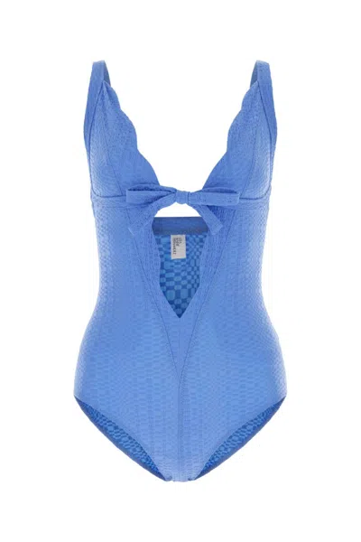 LISA MARIE FERNANDEZ BLUE SCALLOP BOW-DETAIL SEERSUCKER SWIMSUIT