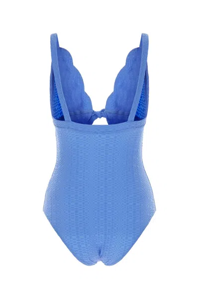 Lisa Marie Fernandez Cerulean Blue Stretch Seersucker Scallop Bow Swimsuit In Azure