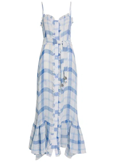 Lisa Marie Fernandez Maxi Ruffle Slip Dress Windowpane Sorrento Gauze In Blue