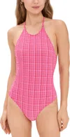Lisa Marie Fernandez Halter Maillot One Piece Fuchsia Striped Seersucker In Fuchsia Striped Seersucker