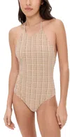 Lisa Marie Fernandez Halter Maillot Sand Striped Seersucker In Sand Striped Seersucker