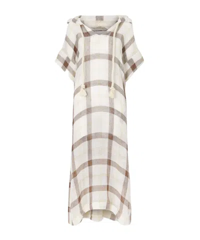 Lisa Marie Fernandez Hooded Checked Linen-blend Crepon Kaftan In Neutral