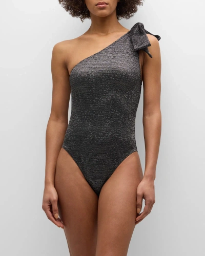 Lisa Marie Fernandez Metallic One-shoulder Bow One-piece Swimsuit In Black Crepe