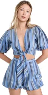 Lisa Marie Fernandez Pouf Tie Blouse Sea Striped Linen In Sea Striped Linen