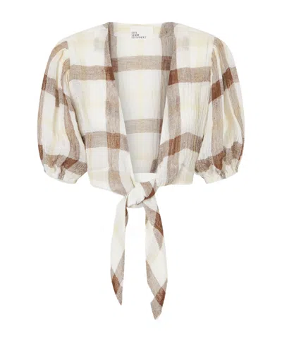Lisa Marie Fernandez Pouf Cropped Checked Linen-blend Crepon Blouse In Multi