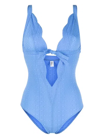 LISA MARIE FERNANDEZ SCALLOP BOW-DETAIL SEERSUCKER SWIMSUIT