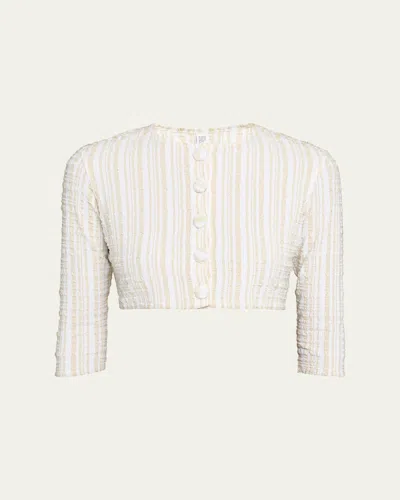 Lisa Marie Fernandez Seersucker Cropped Cardigan In White Sand