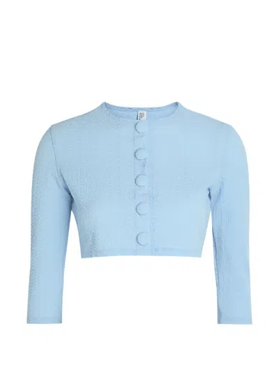 Lisa Marie Fernandez Seersucker Cropped-cardigan Bikini Top In Blue