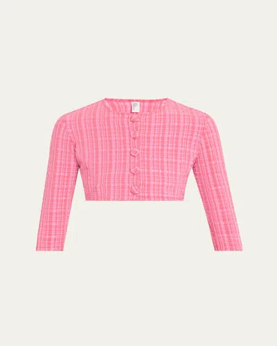Lisa Marie Fernandez Striped Seersucker Cropped Swim Cardigan In Fuchsia Striped Seersucker