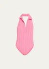 Lisa Marie Fernandez Polo Striped Seersucker Halterneck Swimsuit In Fss Fuchsia Strip