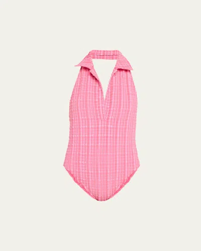 Lisa Marie Fernandez Polo Striped Seersucker Halterneck Swimsuit In Fss Fuchsia Striped Seersucker