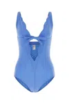 Lisa Marie Fernandez Scallop Bow Swimsuit In Stretch Seersucker In Blue