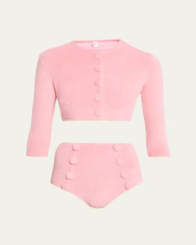 Lisa Marie Fernandez Terry Cloth Cropped Cardigan In Pink Terry