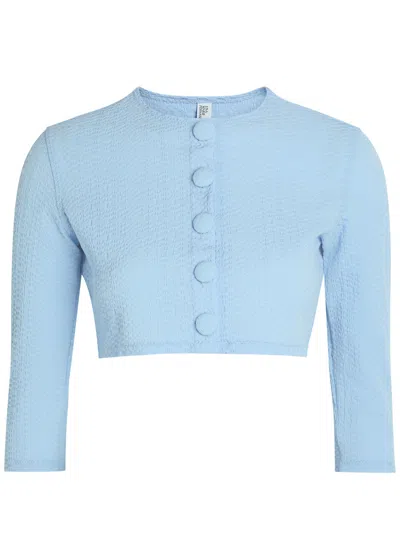 Lisa Marie Fernandez Textured Seersucker Cropped Swim Cardigan In Blue