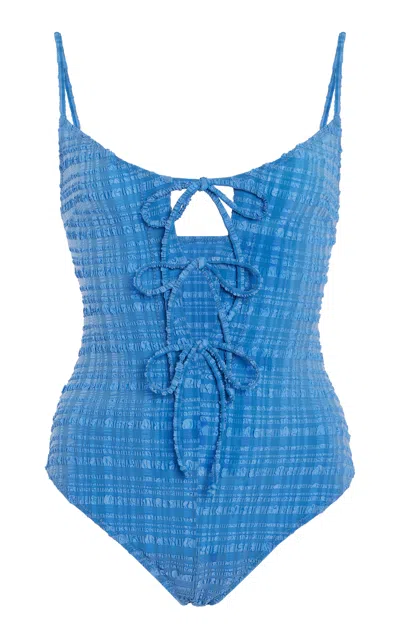 Lisa Marie Fernandez Three-tie Seersucker One-piece Swimsuit In Blue