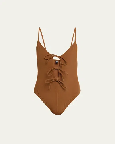 Lisa Marie Fernandez Three Tie-front One-piece Swimsuit In Brown
