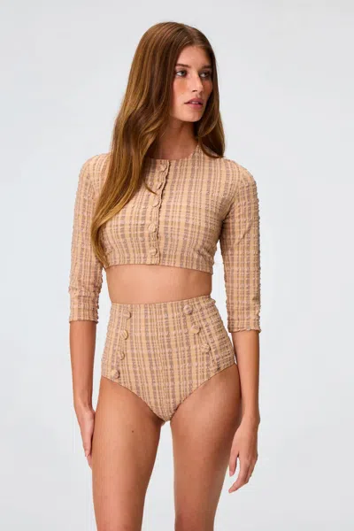 Lisa Marie Fernandez Women's Three-quarter Sleeves Crewneck Cardigan In Sand/nat Striped Seersucker In Brown