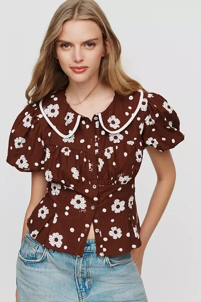 Lisa Says Gah Bonnie 100% Cotton Puff-sleeve Blouse In Brown