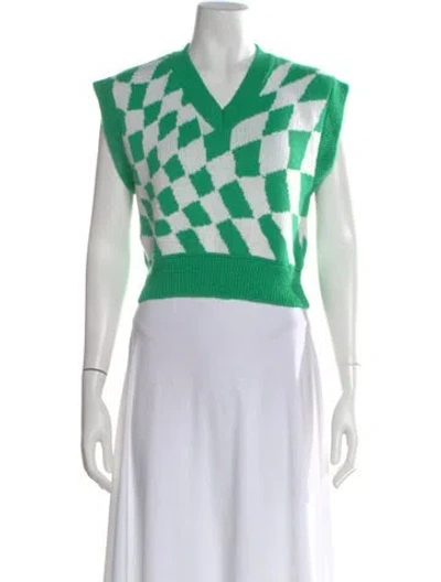 Pre-owned Lisa Says Gah Colorblock Pattern V-neck Sweater In Green