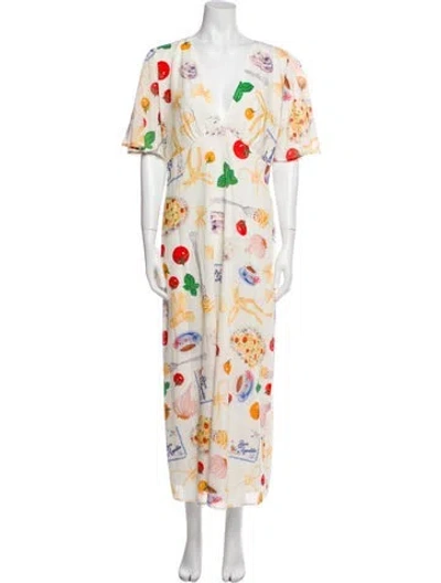 Pre-owned Lisa Says Gah Floral Print Long Dress W/ Tags In White