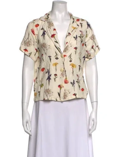 Pre-owned Lisa Says Gah Floral Print V-neck Button-up Top In Neutrals