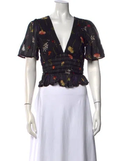 Pre-owned Lisa Says Gah Floral Print V-neck Crop Top In Black