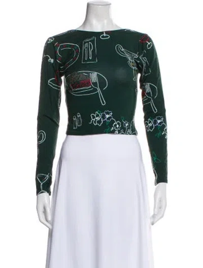 Pre-owned Lisa Says Gah Graphic Print Bateau Neckline Top In Green