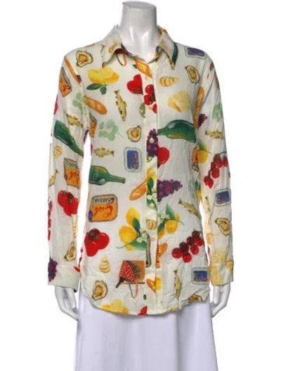 Pre-owned Lisa Says Gah Graphic Print Long Sleeve Button-up Top In Neutrals