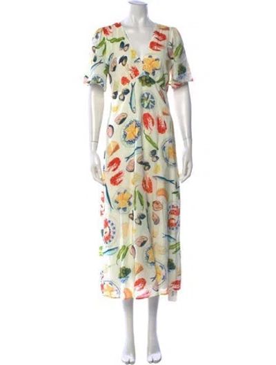 Pre-owned Lisa Says Gah Graphic Print Midi Length Dress In White