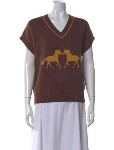 Pre-owned Lisa Says Gah Graphic Print V-neck Sweater In Brown