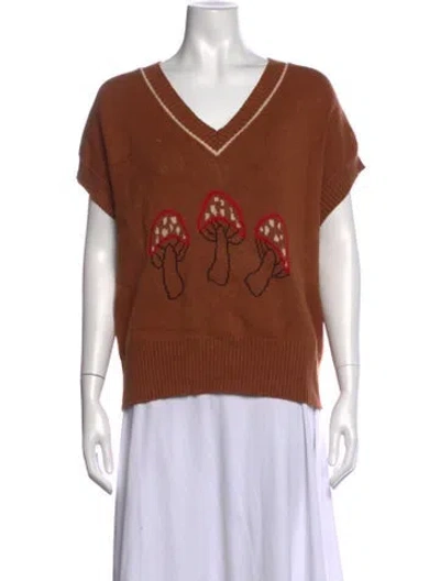 Pre-owned Lisa Says Gah Graphic Print V-neck Sweater In Brown