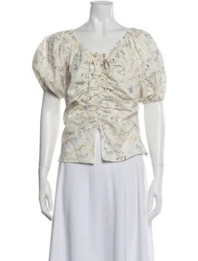 Pre-owned Lisa Says Gah Graphic Print V-neck Top In White