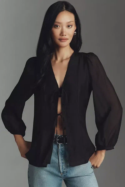 Lisa Says Gah Meera Long-sleeve Front-tie Blouse In Black