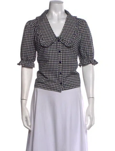 Pre-owned Lisa Says Gah Plaid Print V-neck Blouse In White