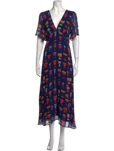Pre-owned Lisa Says Gah Printed Midi Length Dress In Blue