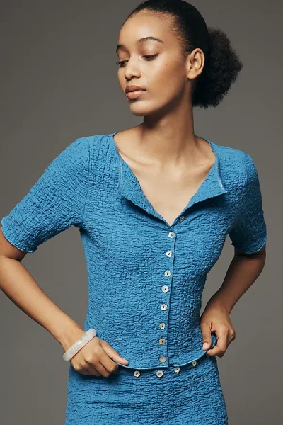 Lisa Says Gah Textured Button Front Top In Blue
