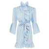 Lisa The Label La La Lady Short House Coat With Ruffle Detail In Blue/pink