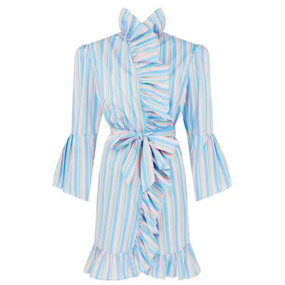 Lisa The Label La La Lady Short House Coat With Ruffle Detail In Medium In Blue/pink