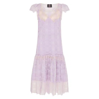 Lisa The Label Women's Palma Violet Crochet Lilac Short Sleeve Dress With Blossom Lilac Silk Satin Slip In Purple