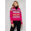Lisa Todd Powder Puff Faux Fur Collar Fair Isle Sweater In Bright Pink