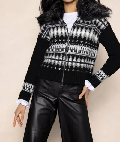 Lisa Todd Powder Puff Faux Fur Collar Fair Isle Sweater In Black