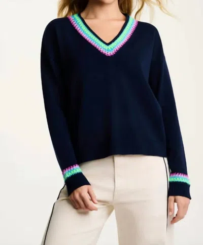 Lisa Todd Textured Mixed V-neck Long Sleeve Sweater In Navy / Multi