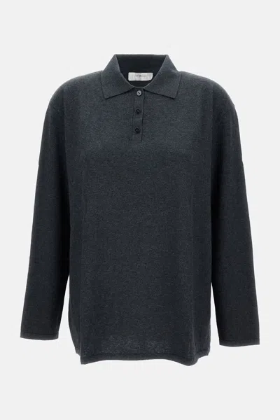 Lisa Yang Polo Collar Cotton Blend Sweater With Ribbed Trim In Gray