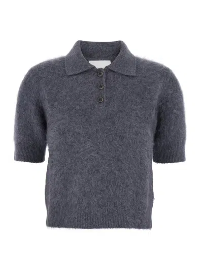 LISA YANG CAROLYN GREY POLO SHIRT-STYLE SWEATER WITH SHORT SLEEVES AND CLASSIC COLLAR IN CASHMERE WOMAN