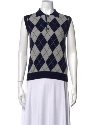 Pre-owned Lisa Yang Cashmere Plaid Print Polo In Blue