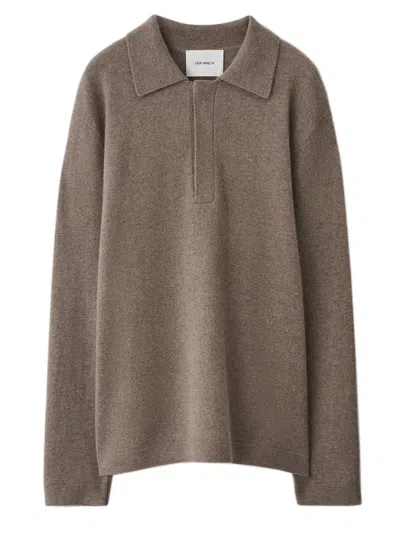Lisa Yang Cashmere Polo Collar Long Sleeve Top In Brown