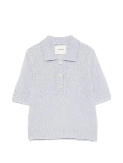Lisa Yang Cashmere Silk Polo With Button Placket And Ribbed Hem In Blue