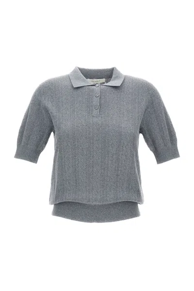 Lisa Yang Cropped Grey Wool Sweater With Polo Neckline And Ribbed Details In Gray