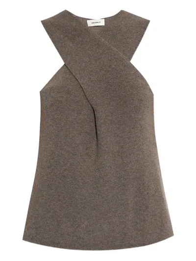 Lisa Yang Cross-neck Ribbed Top In Brown