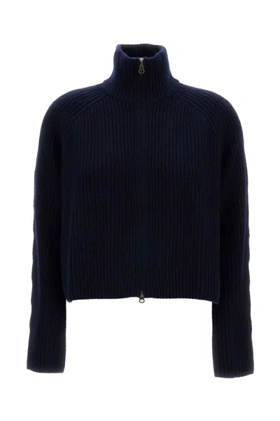 Lisa Yang High-neck Ribbed Knit Cardigan With Metal Zipper In Blue